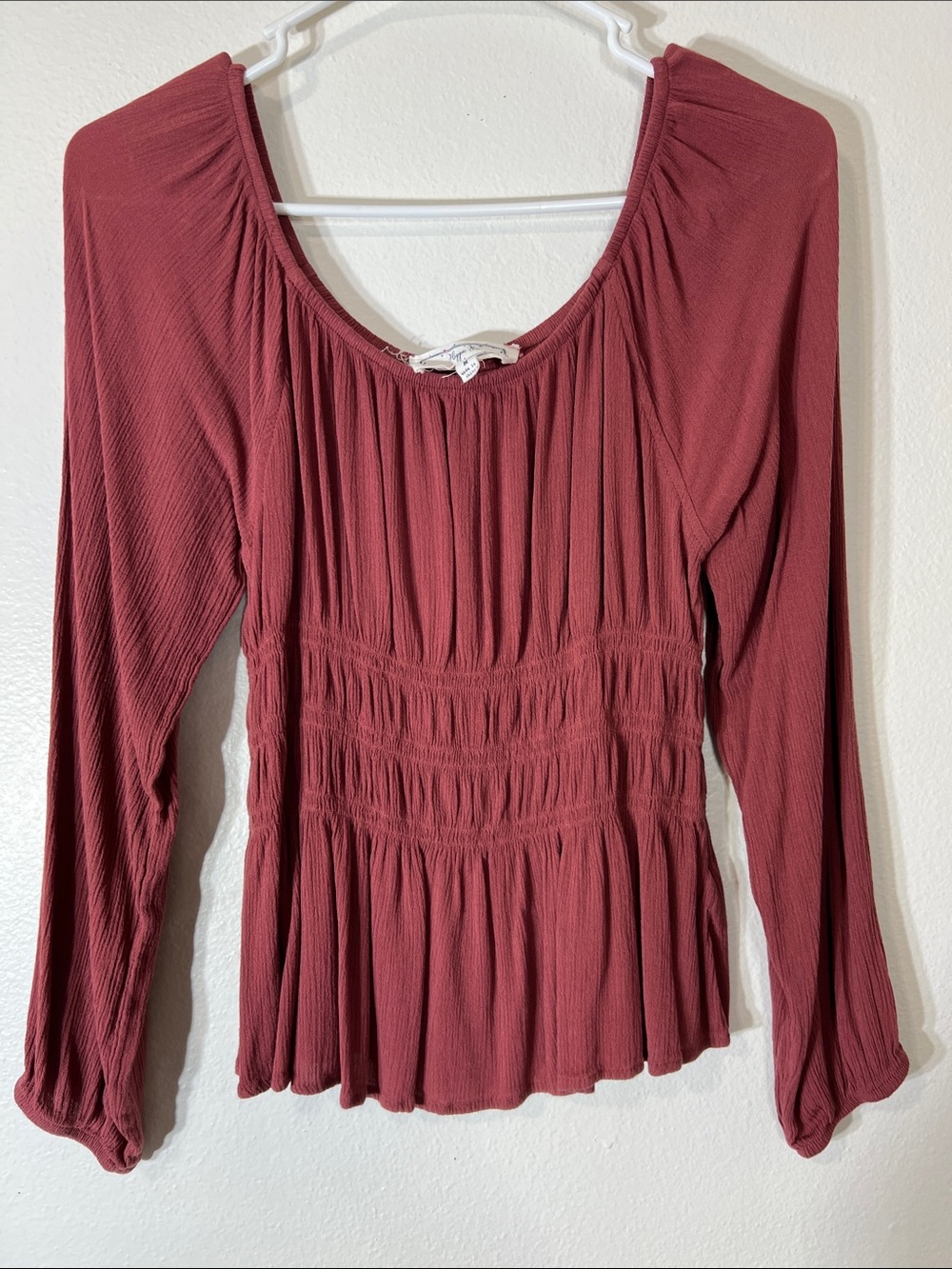 Hippie Rose Long Sleeve Ruched Peplum Top - Rosewood